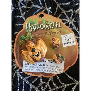 Vintage CVS Scary Pumpkins Halloween Lapel Pin & Earrings Fall Whimsical Patch 